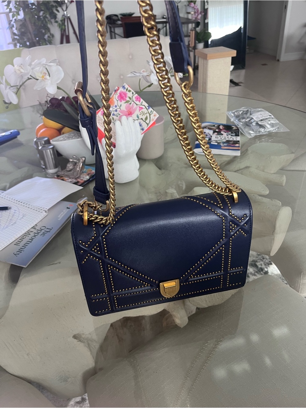 Lux Navy Studded Chain Shoulder Bag - Designer Style Christian Dior DIORAMA DUPE